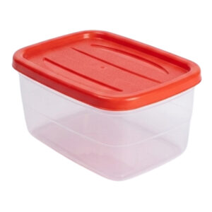 Recipiente plástico transparente de 500 ml con tapa roja hermética y diseño rectangular compacto