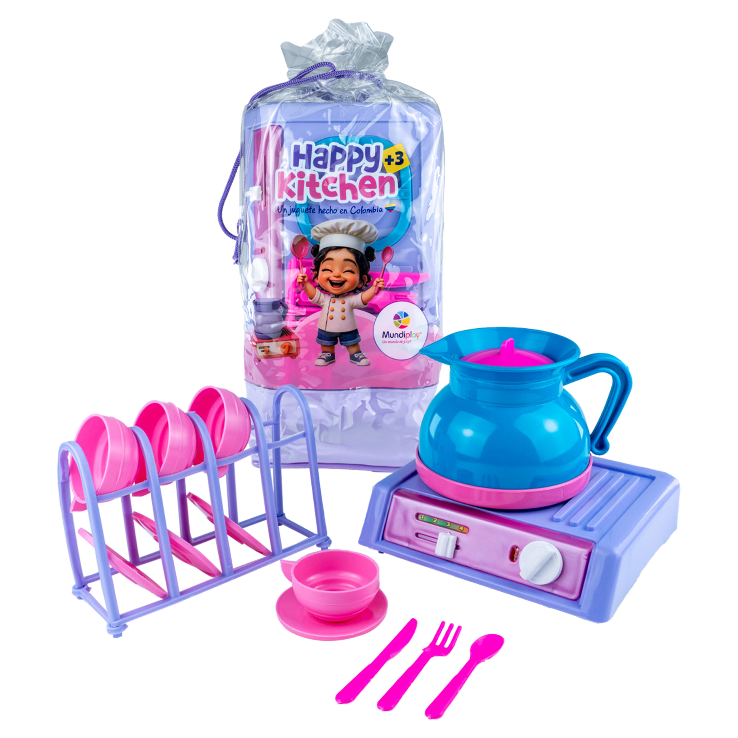 Set de cocina infantil Happy Kitchen Tula con utensilios, vajilla y tetera de plástico resistente.